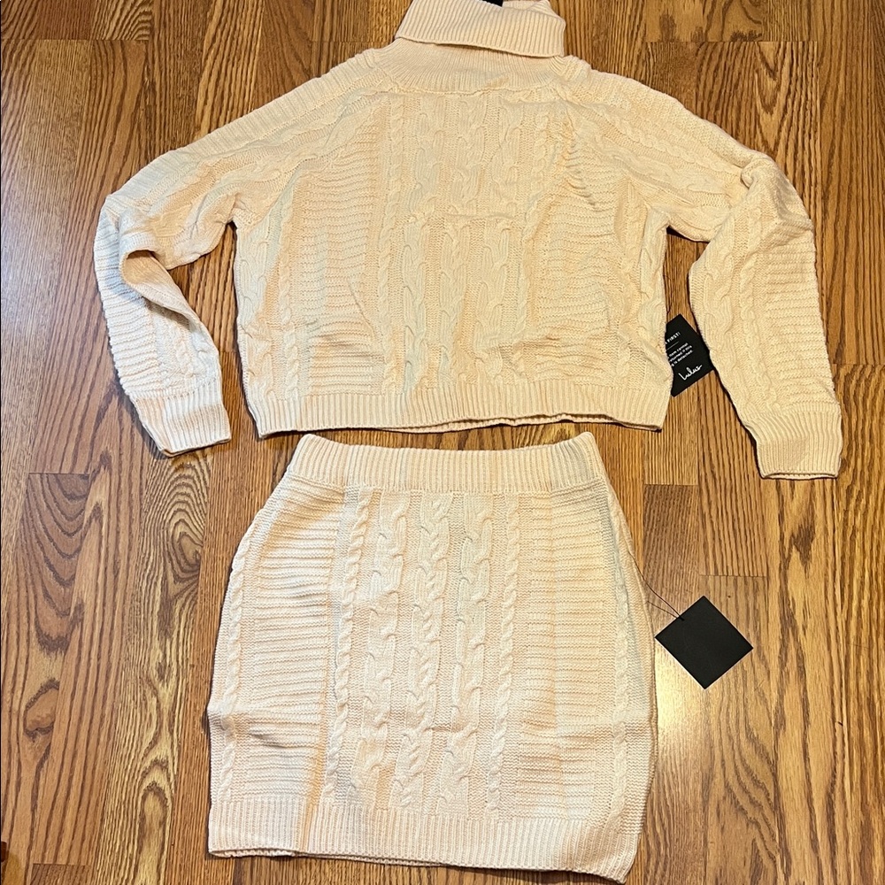 NWT Lulus Cable Knit Cream Turtleneck and Matching Skirt